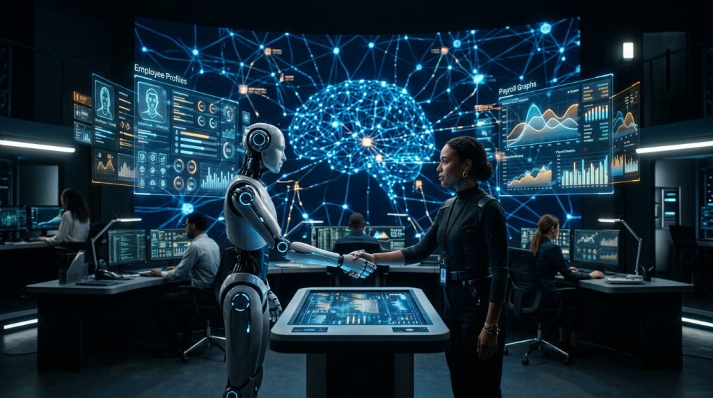 A professional woman and a white humanoid robot shake hands in a high-tech command center. In the background, a large screen displays a glowing blue digital brain and neural network, flanked by floating holographic interfaces showing "Employee Profiles" and "Payroll Graphs." Several employees are visible working at computer stations in the dimly lit office.