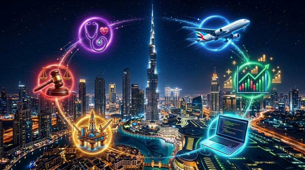 Colorful career industry icons including healthcare, aviation, law, finance, technology, and energy orbit around the Dubai skyline at night, centered on the Burj Khalifa.