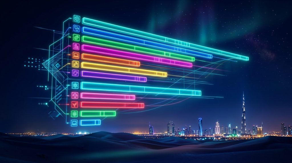 A futuristic 3D bar chart made of glowing neon lines and icons floats above a dark desert at night, with the illuminated Dubai skyline, including the Burj Khalifa, visible in the background under a starry sky with faint aurora-like lights.