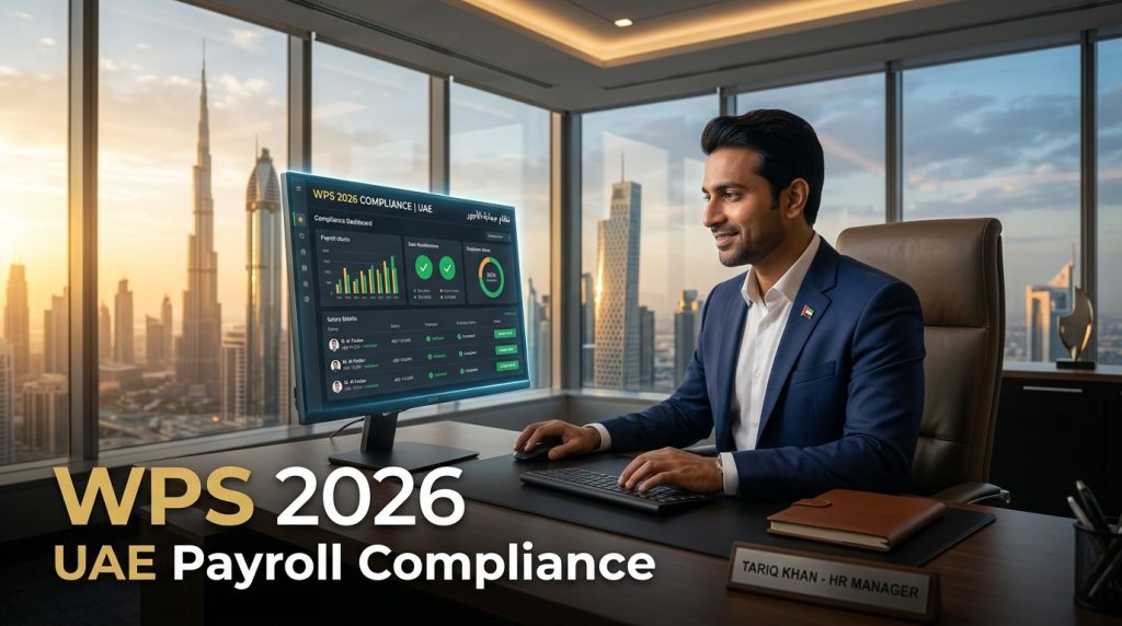 Professional HR manager Tariq Khan reviewing the 2026 WPS payroll compliance dashboard in a high-rise Dubai office overlooking the Burj Khalifa.