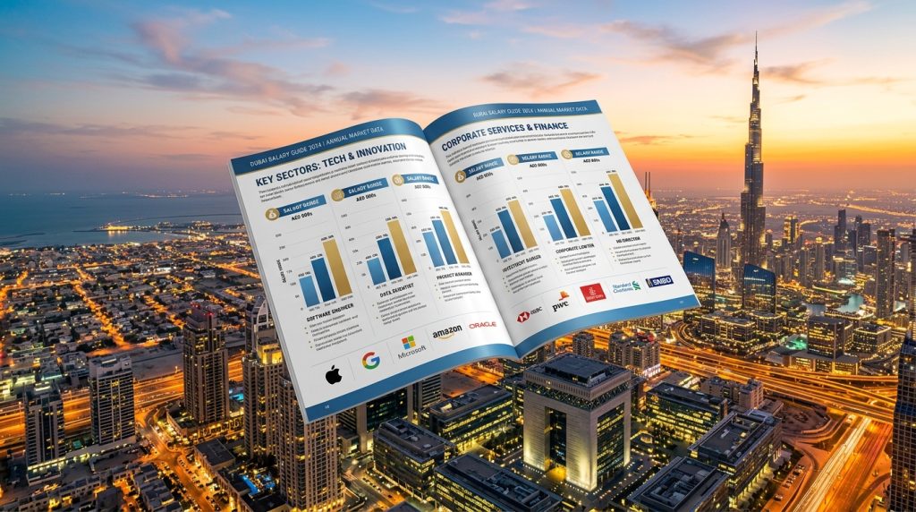 An open salary guide magazine displaying charts, salary data, and corporate sector insights floating above the Dubai skyline at sunset, with the Burj Khalifa prominently visible in the background.