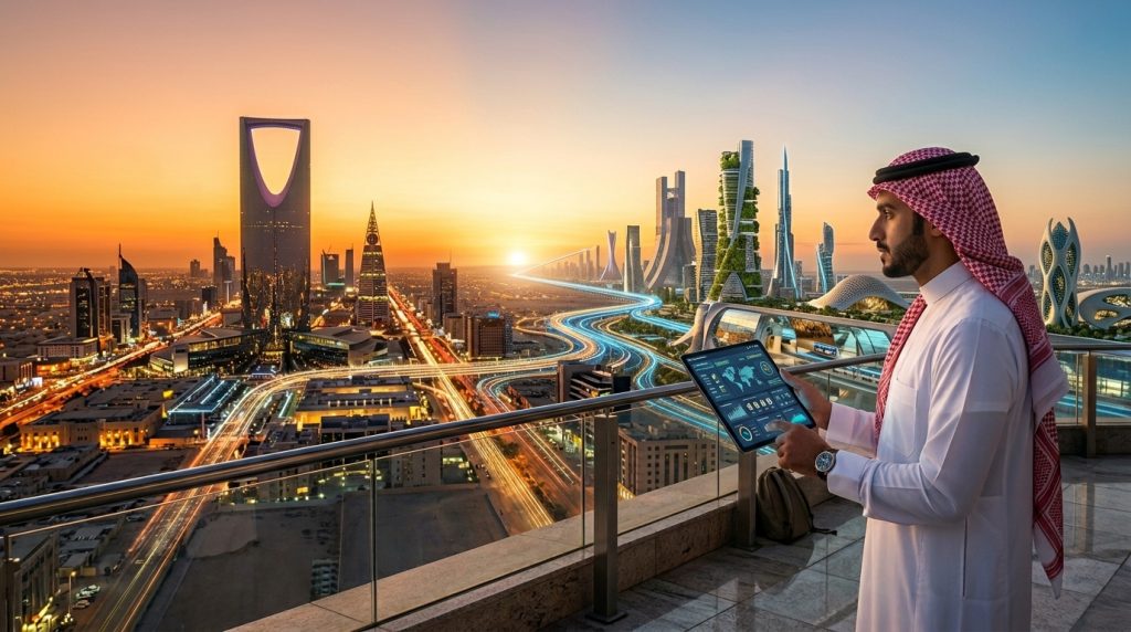 A man in traditional Middle Eastern attire stands on a high balcony, looking over a sprawling cityscape during a vibrant sunset. He is holding a tablet displaying analytical charts, while the city below features iconic architecture like the Kingdom Centre and a futuristic highway with glowing blue lights leading toward a distant, high-tech skyline.