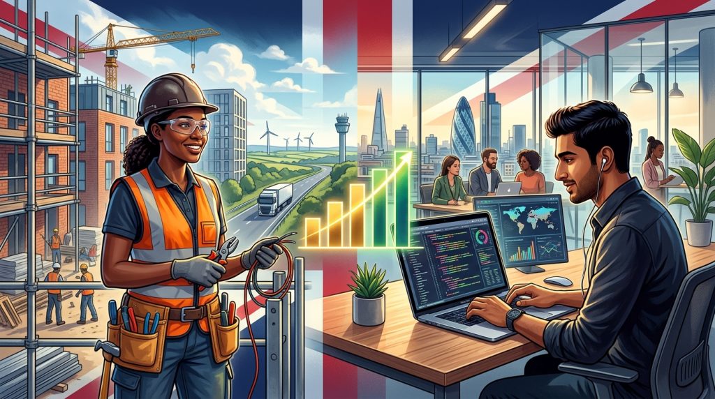 A split-screen illustration featuring a female construction worker on a site with a crane and a male digital professional in an office overlooking the London skyline. A glowing bar chart with a rising arrow sits in the center, set against the backdrop of a faint Union Jack flag.