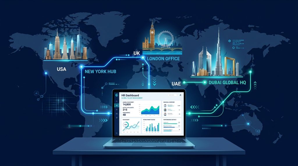 A laptop displaying an HR Dashboard sits on a desk in front of a stylized dark blue world map. Glowing blue lines connect three major cityscapes: the New York skyline for the USA, London landmarks for the UK, and the Dubai skyline for the UAE.